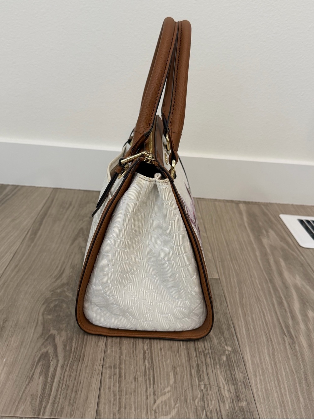 Calvin Klein White Floral Satchel with Brown Trim - Picture 2 of 2